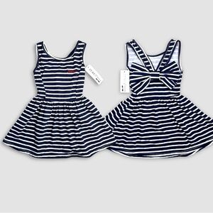 NWT Moda Italy Navy and White Striped Girls Dress with Bow Back, Size 4